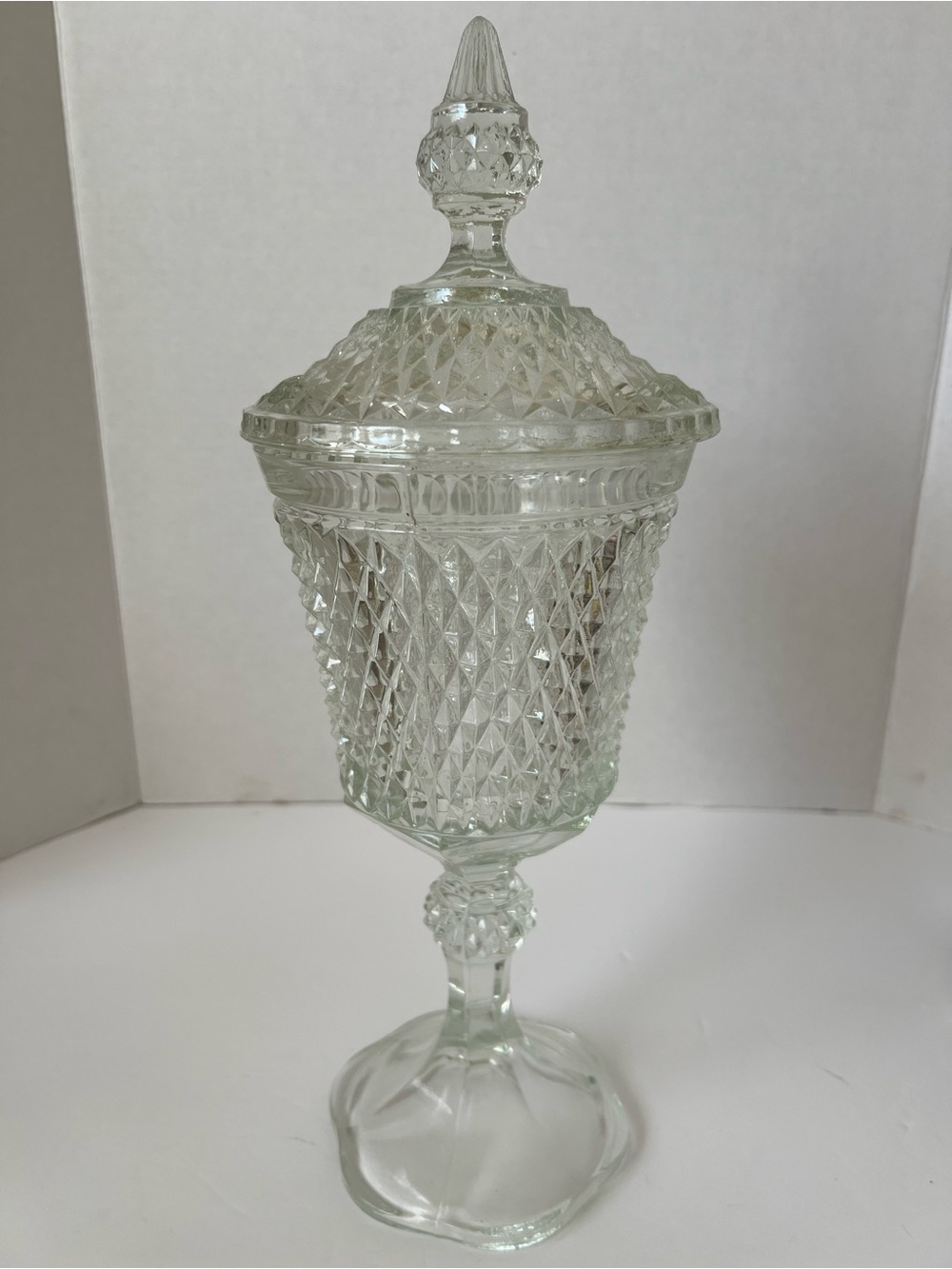 Vintage Clear diamond Point Pressed Glass Pedestal Candy Dish w/ lid approx 12"